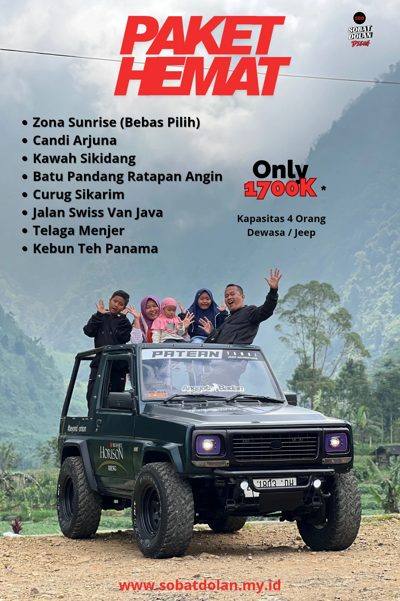 Paket Wisata Jeep Dieng Kawasan Curug Sikarim Swiss Van Java Telaga Menjer Kebun Teh Panama Telaga Sidringo Kawah Candradimuka Sumur Jalatunda Tol Kahyangan